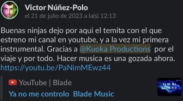 Captura del mensaje de un alumno: gracias por el viaje, hacer música es una gozada ahora
