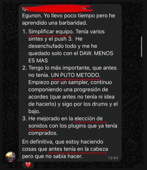 Captura del mensaje de un alumno: tengo lo más importante, que antes no tenía, un método